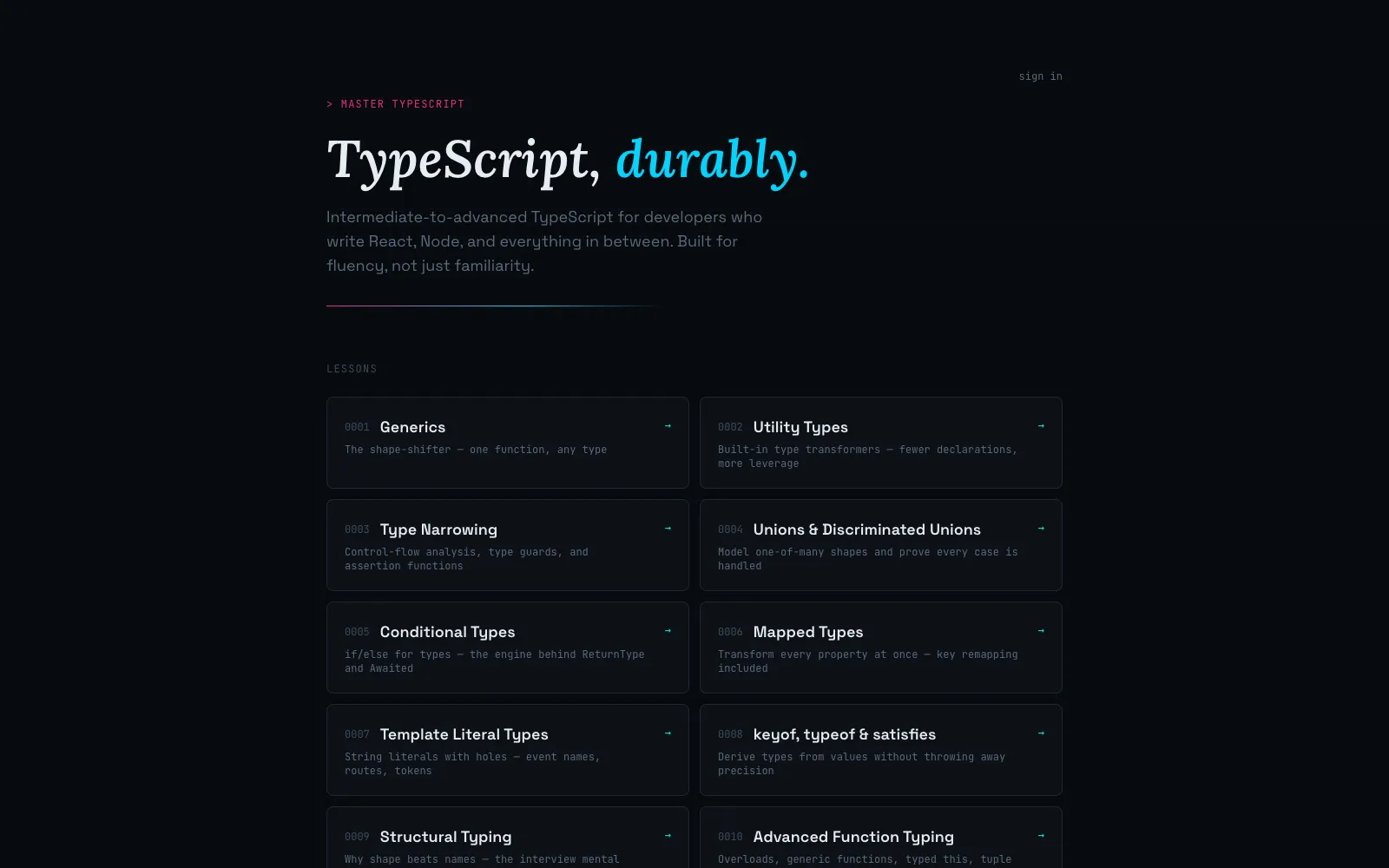 Master TypeScript — TypeScript, durably. Lesson index