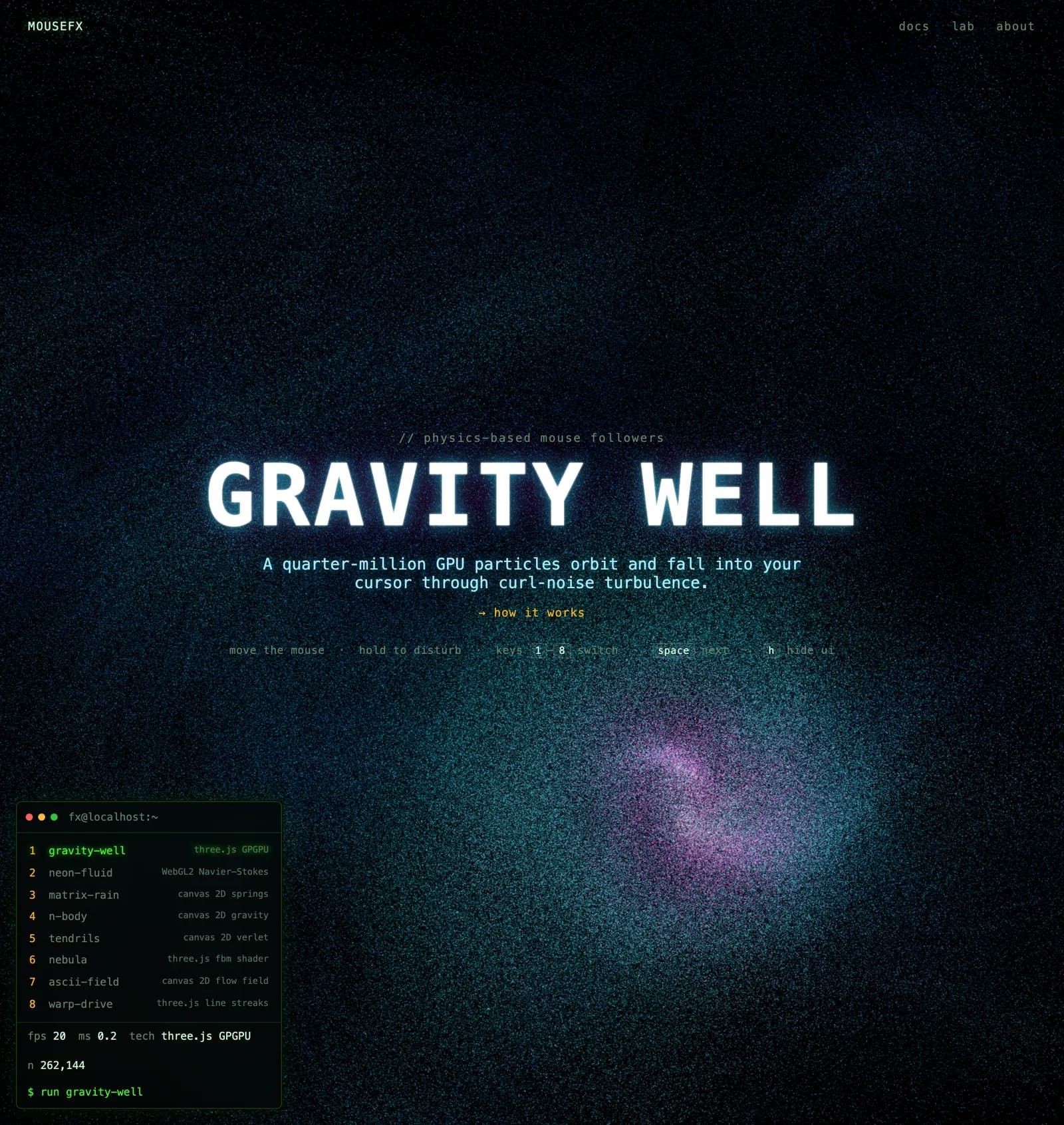 MOUSEFX Gravity Well — GPU particles orbiting the cursor